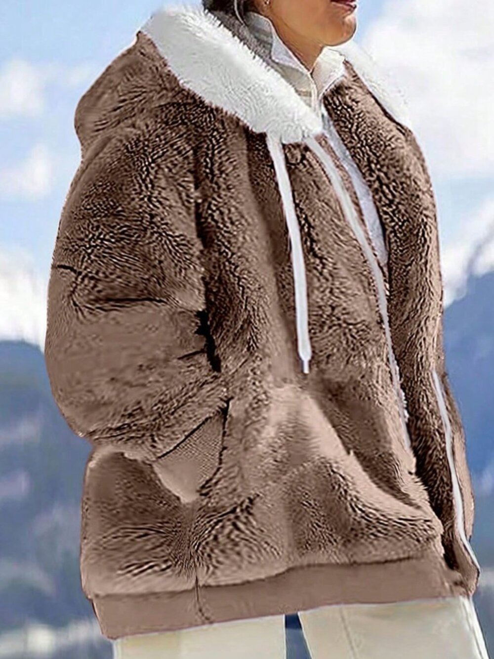 Khaki Casual Women's Loose Plush Zip-Up Hooded Plus Size Jacket For
